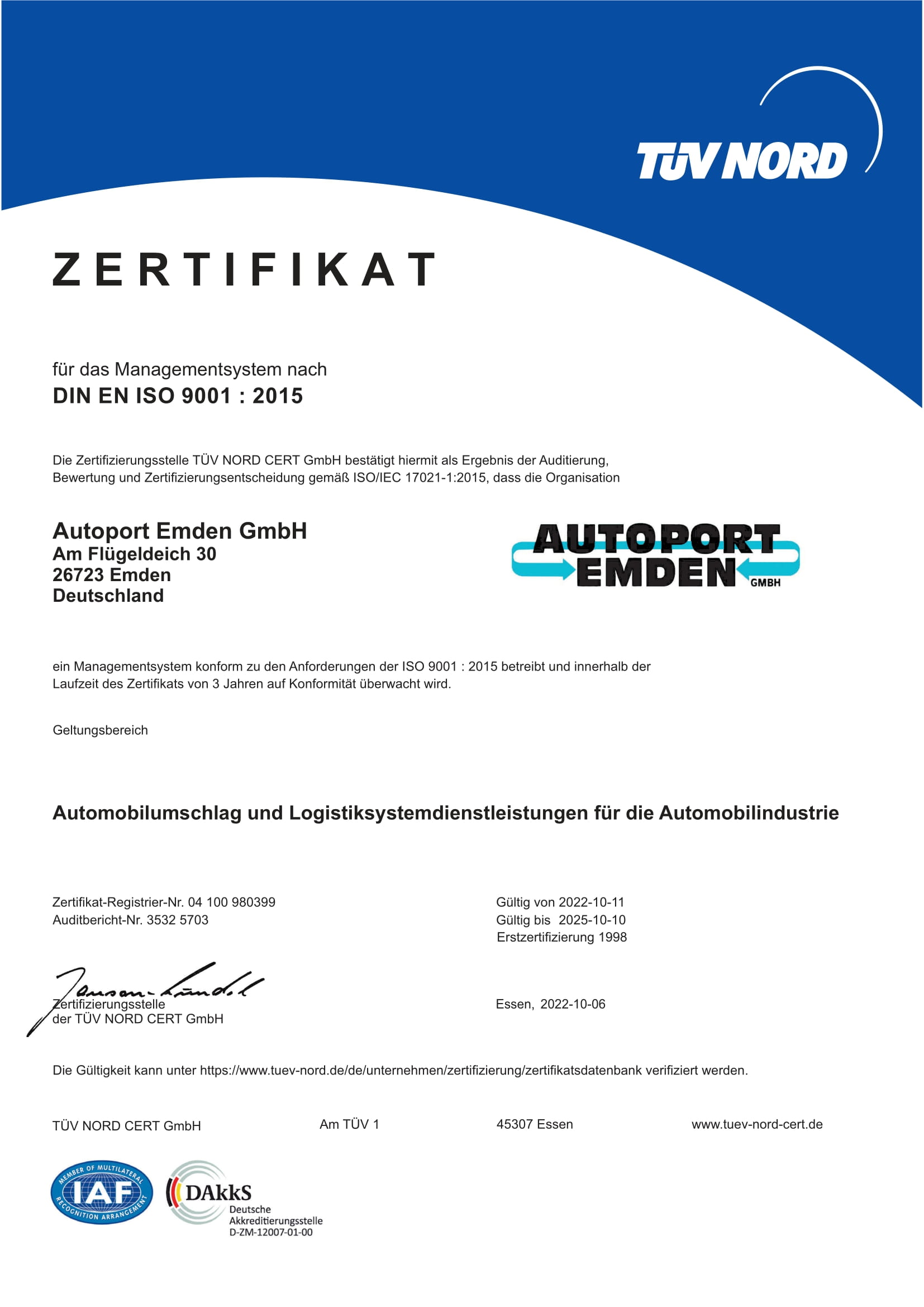 Zertifikat: TUEV-Zertifizierung nach DIN EN ISO 9001:2015
